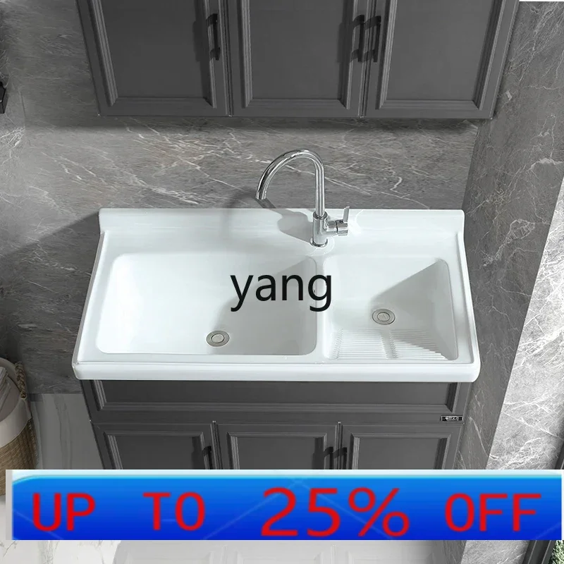 

LH Laundry Cabinet Double Basin Ceramic with Rub Board Balcony Laundry Pool Bathroom Cabinet Space Aluminum