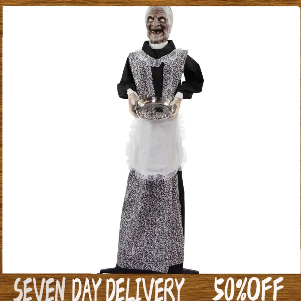 

Halloween Talking Zombie Maid Holding Tray with Touch Activated Lights and Sound Operated Indoor or Covered Outdoor Decorations