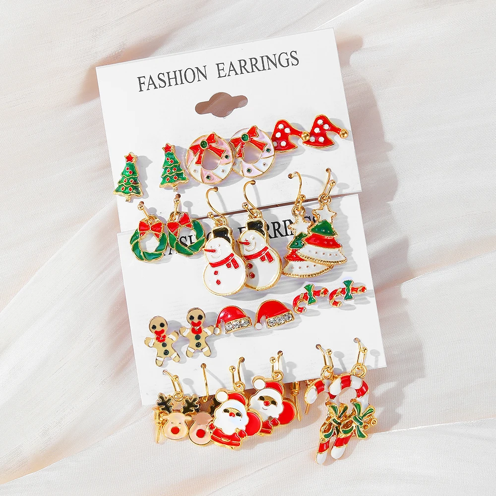 KINFOLK 2022 Cute Christmas Earrings Set Gold Color Enamel Crystal Santa Snowman Elk Earrings For Women Girls Kids Jewelry Gifts