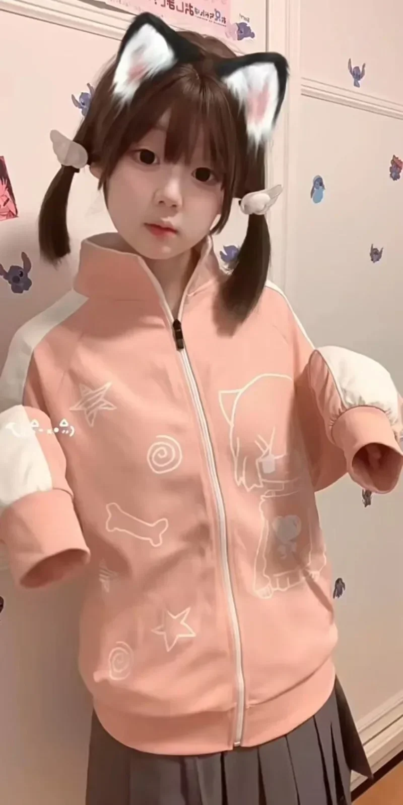 Abrigo informal japonés con cremallera para mujer, ropa de calle, chaqueta con cuello levantado de gran tamaño Y2k, abrigos Kawaii con estampado de dibujos animados de Color de contraste estético para mujer