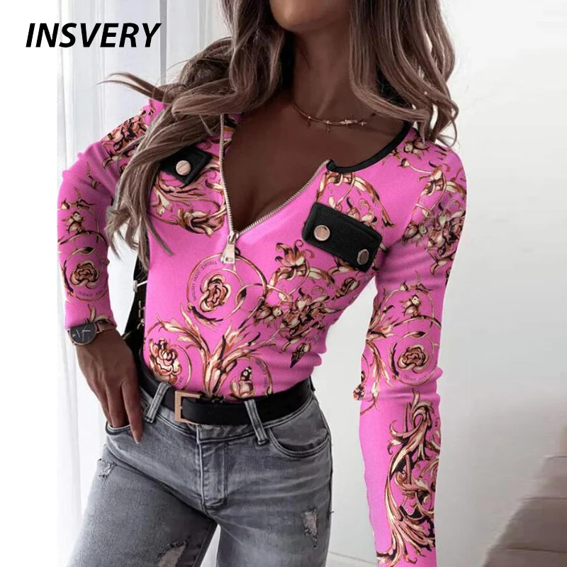 Frauen Mode Blusen Hemd V-Ausschnitt Reiß verschluss Design Langarm hemden für Frauen drucken sexy Tops Büro Dame Bluse