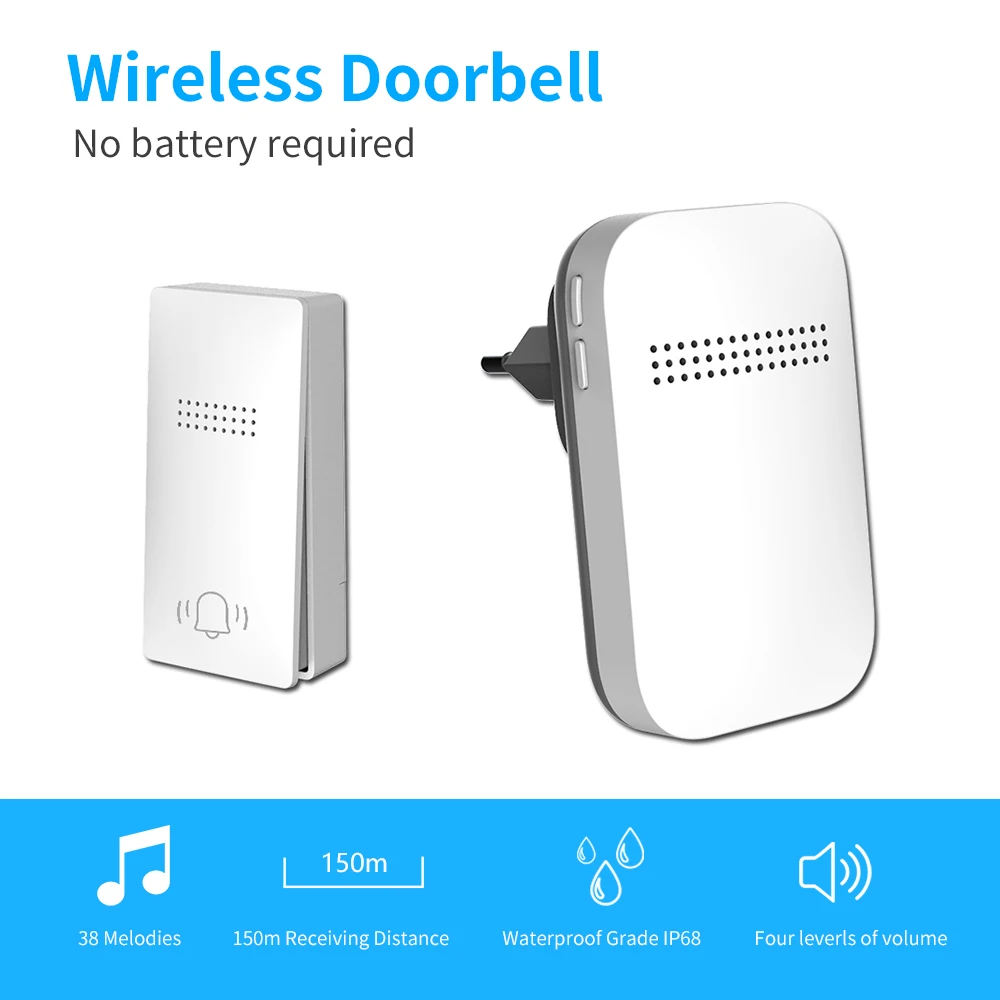 Wireless Doorbell No Battery EU/UK/US Plug required Waterproof Self-Powered Door bell Sets Home Outdoor Kinetic Ring Chime