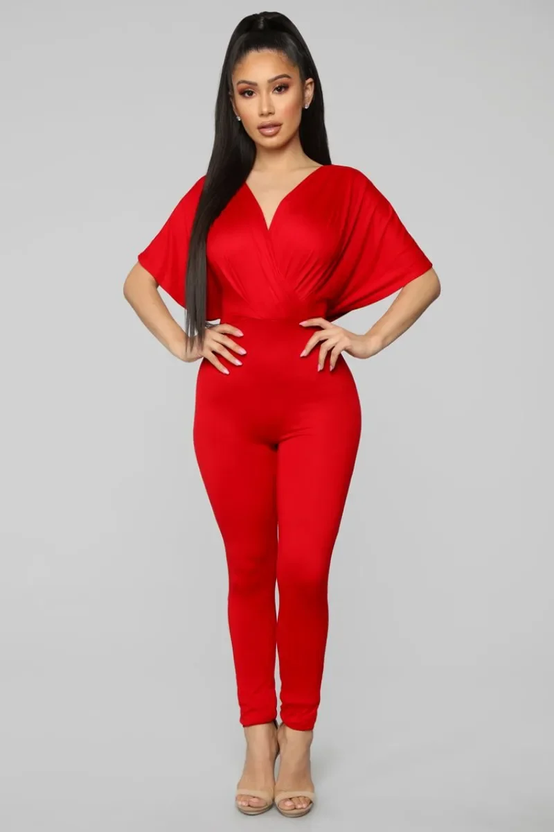 

KEXU Skinny Deep V Neck Bodycon Jumpsuit Women Batswing Short Sleeve Party Night Club One Pieces Rompers Overalls Female