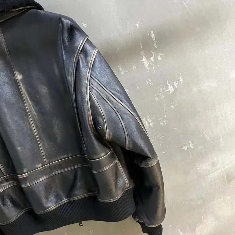 Women's Thick Warm Genuine Leather Jacket with Natural Real Wool Collar Aging Process Winter Coat Stylish 2025 New Arrival