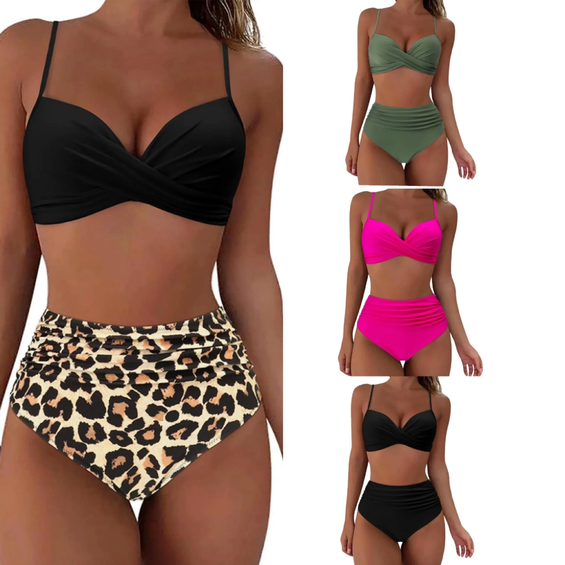 

Woman 2026 Bikini High Waist Push Up Bikinis Leopard Print Floral Print Swimwear Cross Front Top Thin Strap Two Piece Swimsuit