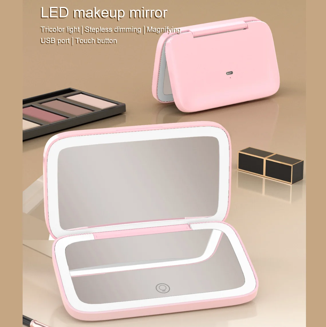 Compact LED Makeup Mirror with 5X Magnifying, Foldable, Dimmable, USB Rechargeable, Travel, Portable, 3 Lighting Colors