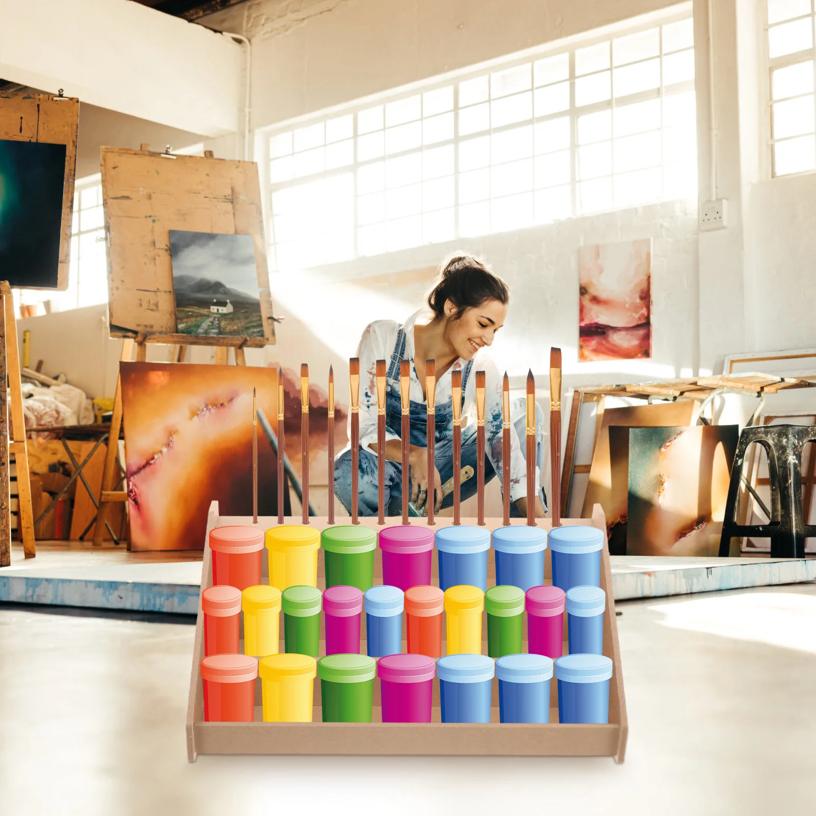 

Multi-Layer Acrylic Paint Storage Stand 13-Grid Pigment Holder Brush Storage Slots Desktop Organizer for Painting Artist
