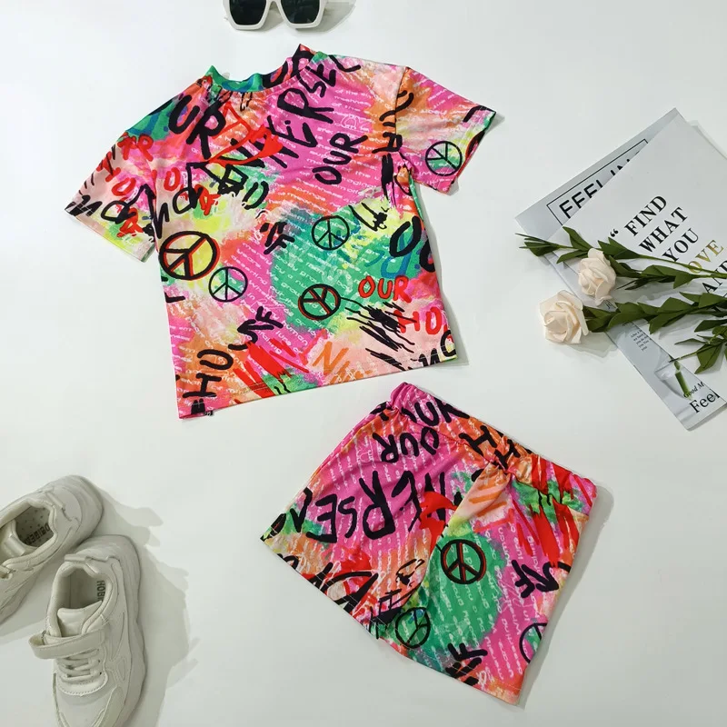 1-8Years Kids Casual Clothes Children\'s Girls 2pcs Outfits Baby Girl Summer Clothing Sets Short Sleeve Tops+Rainbow Color Shorts