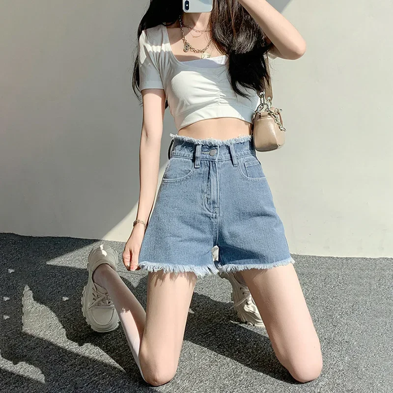 Large Size XS To 5XL Solid Color High Waist Women Shorts Wide Leg Tassels Denim Shorts Female A Line Loose Mini Jeans 2025 New