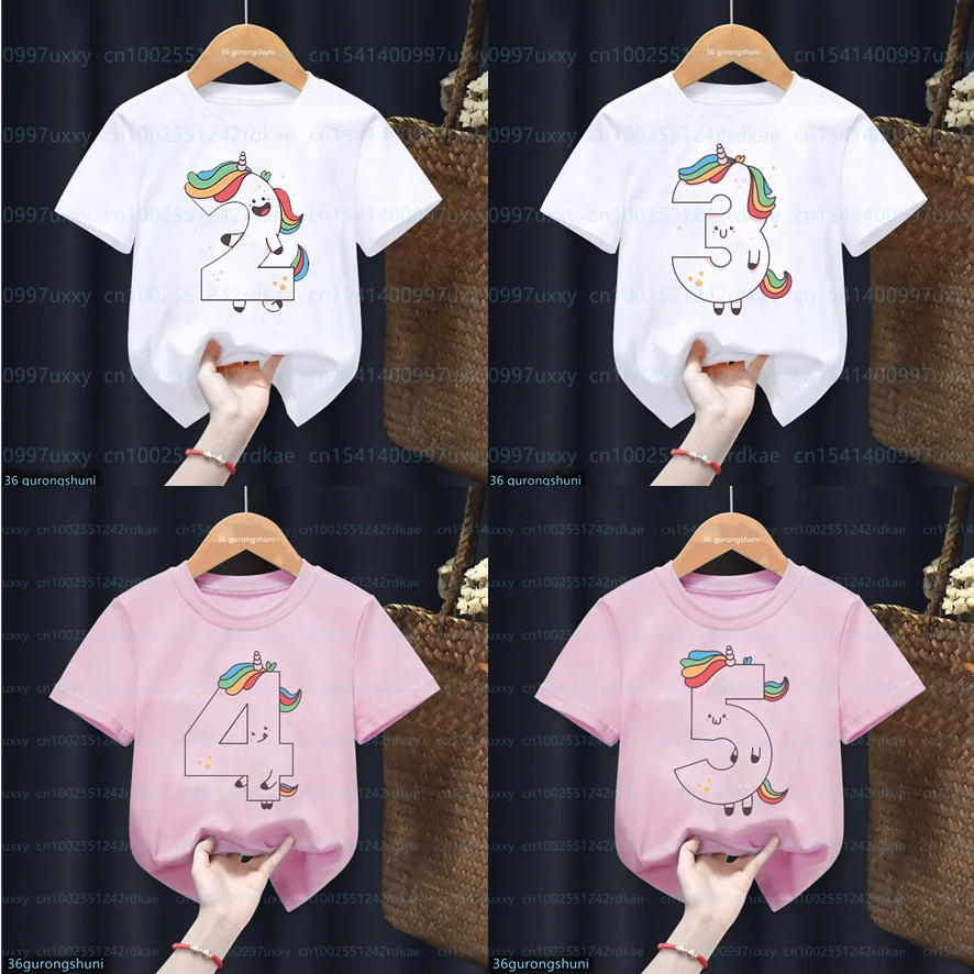 

2024 New Rainbow Unicorn Monster T Shirt Birthday Number 2-10th T-Shirt Boys Girls Gift Kids Clothes Short Sleeve Baby Tops