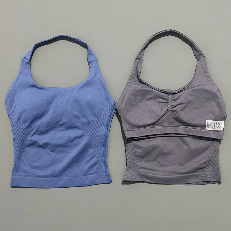 HISTELLO Impact Halter Top Seamless Longline Strappy Gym Top Women Built-in Bra Removable Cups Activewear Yoga Tank Tops image 6