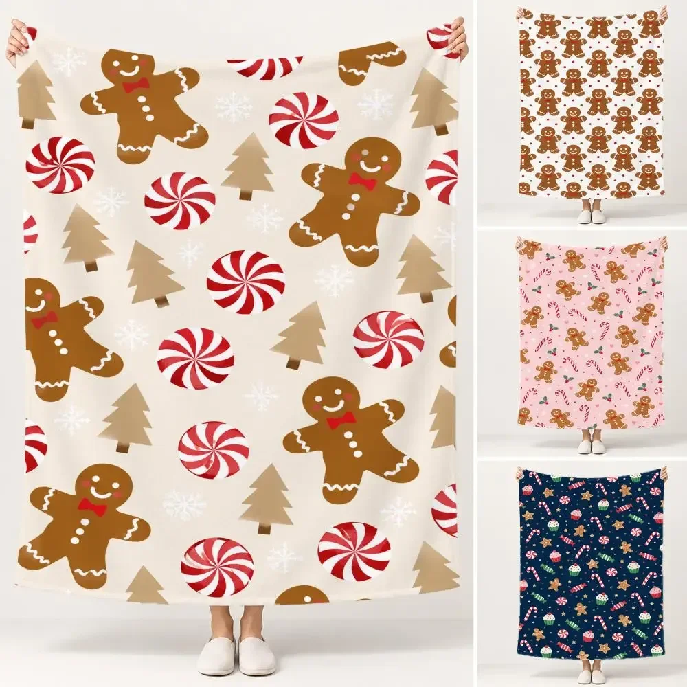 Christmas Gingerbread Man Candy Cane Scatter Throw Soft Plush Flannel Pet Blanket, Home Decor Cover for Sofa, Bed, Trip & Picnic