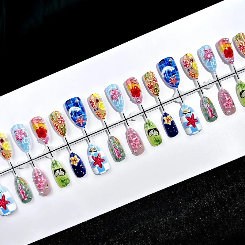 24PCS Summer Ocean Style Almond Press on Nails Fashionable Seastar Flowers Sweet Lemon Fruit Fake Nails for Women Wearable Nails