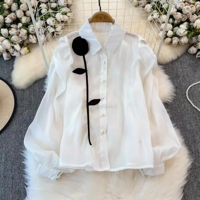 

French Three-Dimensional Flower POLO Collar Bubble Long Sleeved Shirt For Women's Spring And Autumn Season New Queen Career