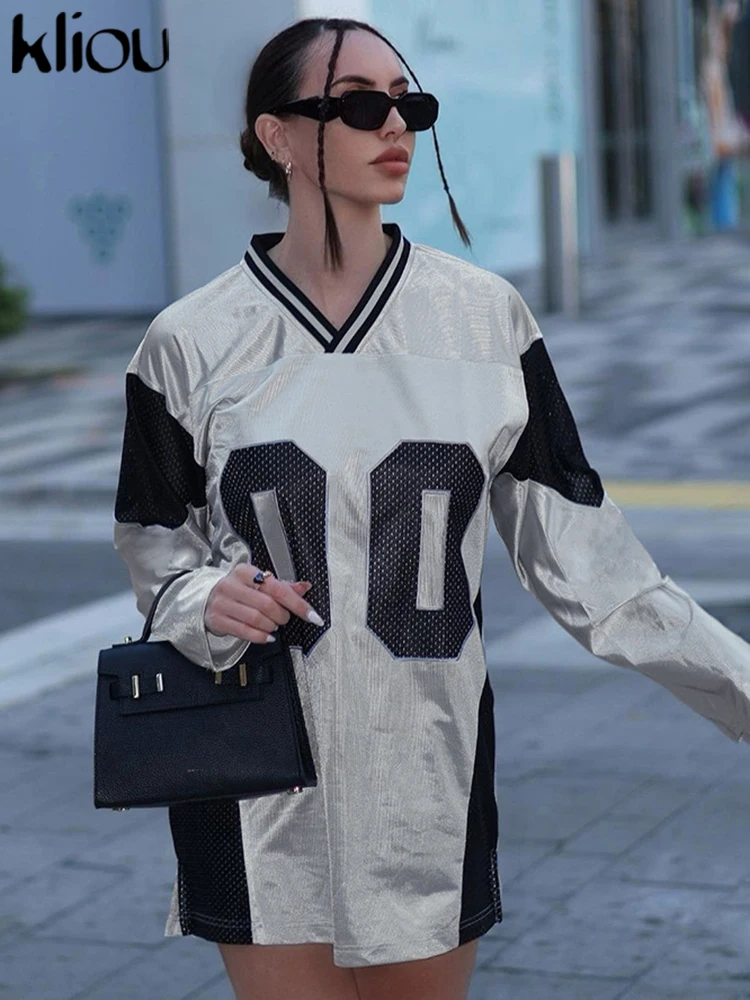 kliou Patchwork Casual Women T-shirts Autumn New Full Sleeve V-neck Oversized Sporty Casual Tops Female Wild Football Streetwear