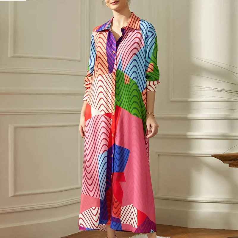 Fashion Pattern Print Shirt Dress Elegant Women Turn-down Collar Long Sleeve Long Dress Casual Vintage Single Breasted Dress