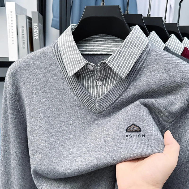 Maglione stampato in due pezzi finto da uomo Camicia base con colletto stile primavera e autunno 2025 Nuovo maglione lavorato a maglia in lana di pecora