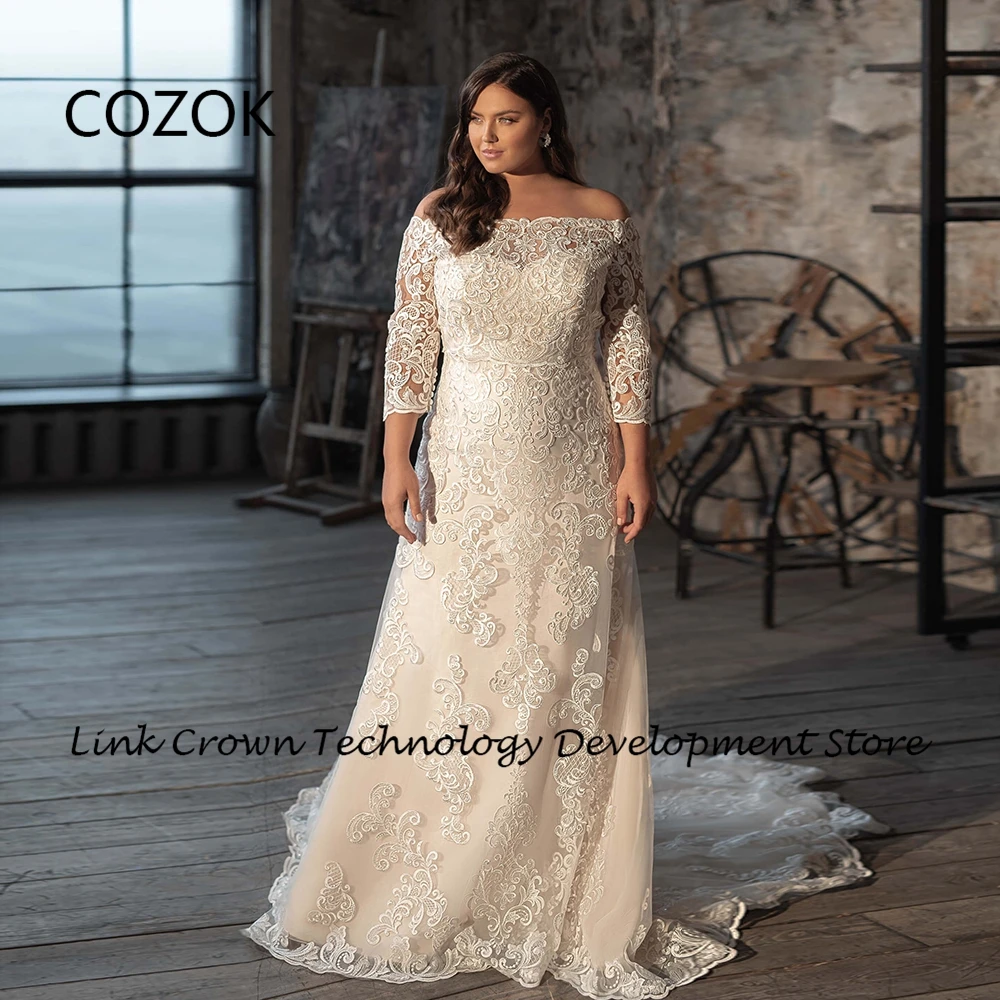 

COZOK Three Quarter Wedding Dresses for Women Boat Neck Ivory Plus Size Bridal Gowns with Lace Sweep Train Vestidos De Novia