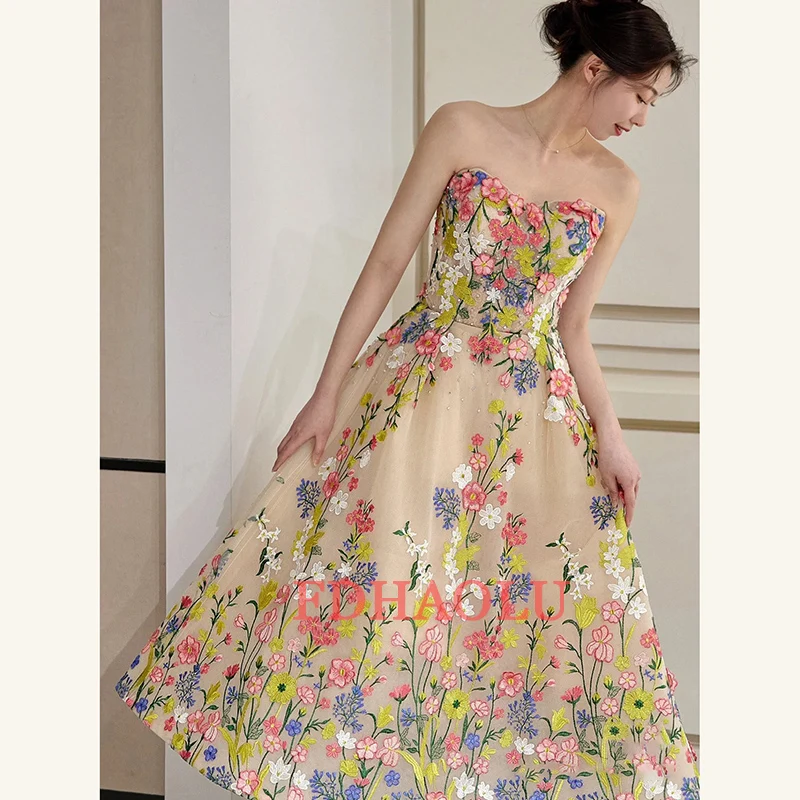 Sweet Fairy Flowers abiti da sera Sexy senza spalline Tea-length Prom Dress New Elegant A Line Robe Soiree Longue Plus Size