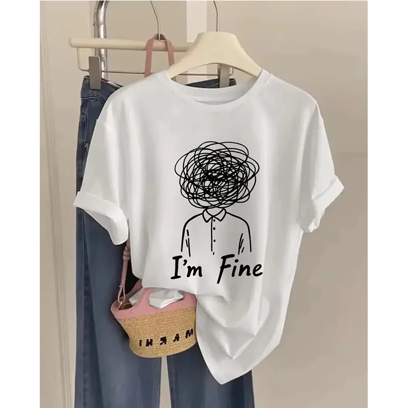 Women's Minimalist Line Art Print Short Sleeve T Shirt Women 90s Graphic Tees Tops Clothing Letter I'm Fine Causal Y2k T-shirt