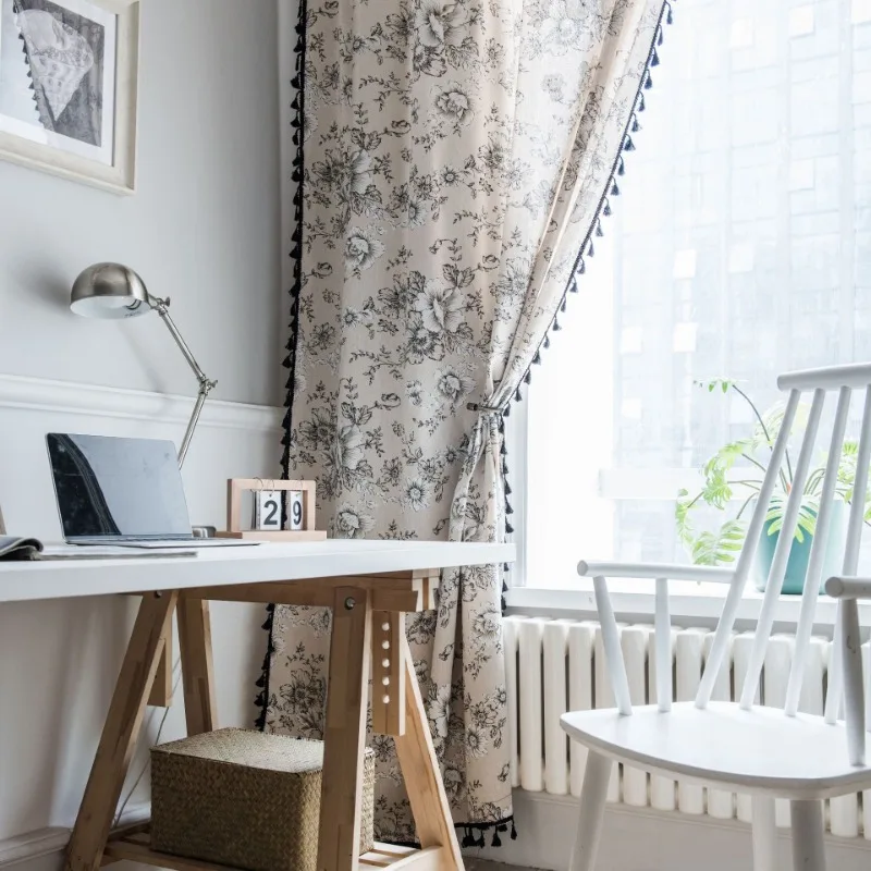 American Vintage Farmhouse Curtain Bohemian Imitation Linen Hollow Crochet Pure Hand Sewn Semi-transparent Fringe Curtain