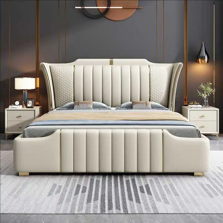 

Latest Style Light Luxury Hotel Bedroom Furniture Leather Upholstered Bed Double King and Queen Size Bed Frame with Storage
