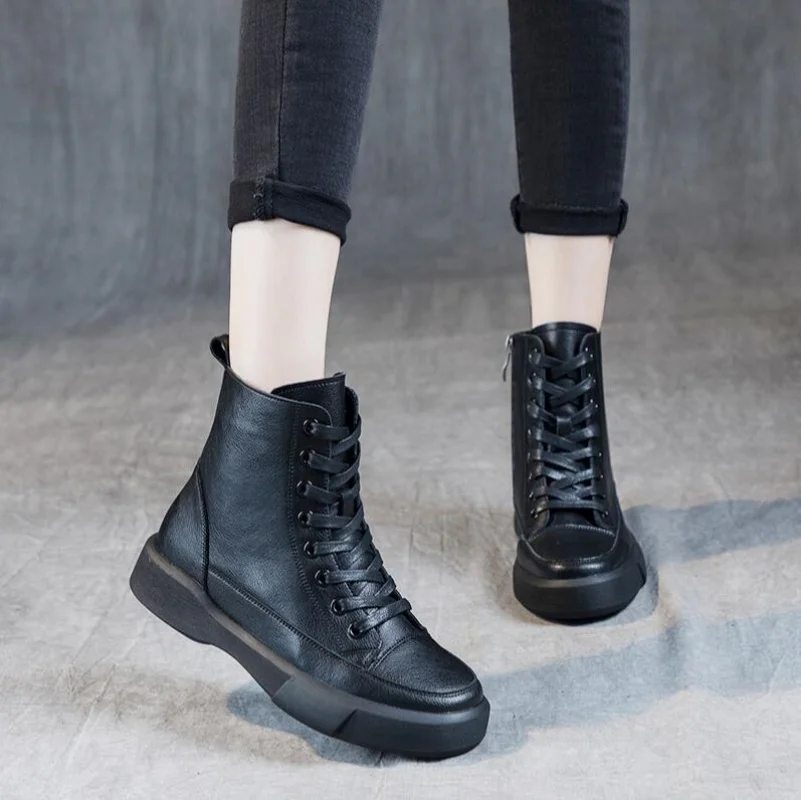 

Женские полусапожки из натуральной кожи с круглым носком из натуральной кожи ручной работы в стиле ретро, уличный стиль, зимние теплые ботильоны на плоской подошве