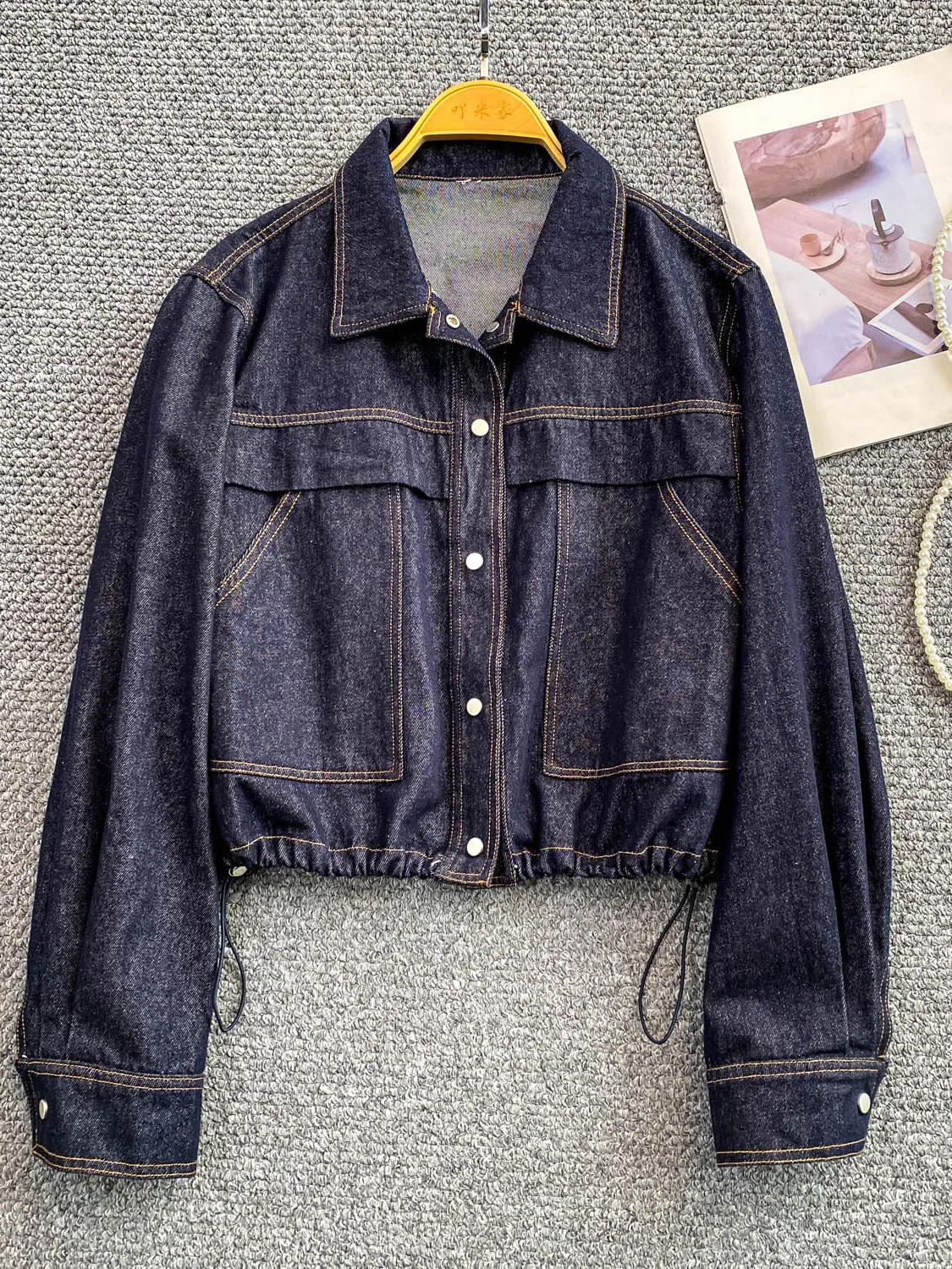 

Deep Blue Vintage Denim Long Sve Jaet Women's Spring Autumn Button Loose Slimming Dstring Top Casual Outerwear