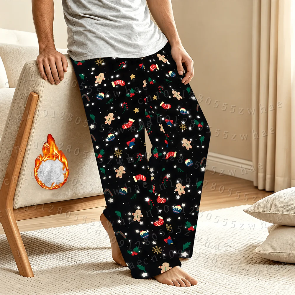 Autumn/Winter Christmas Gingerbread Man Bell Snowflake Print Flannel Sleeping Pants For Both Men and Women Loose Home Pants
