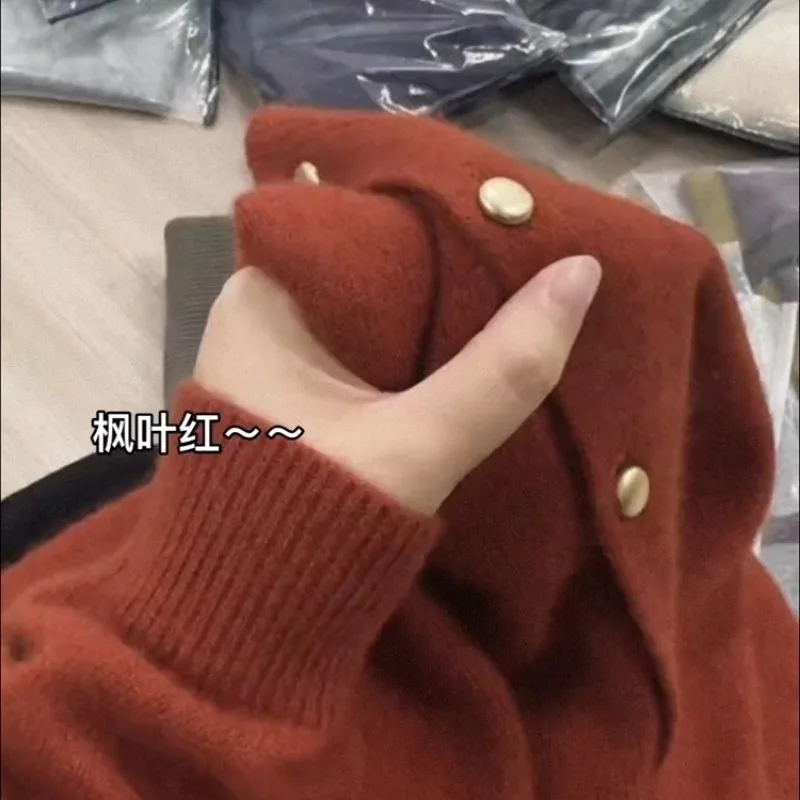 Women European Lazy Style Maple Red Raccoon Camel Wool Knit Cardigan Soft Beautiful Sweater