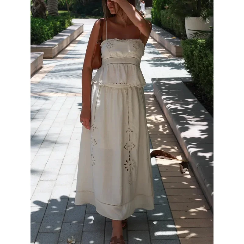 Women's Retro Sleeveless Skirt Suit Hollow Embroidery Short Suspender Top A-Line Elastic Waist Midi Skirt Summer Fashion