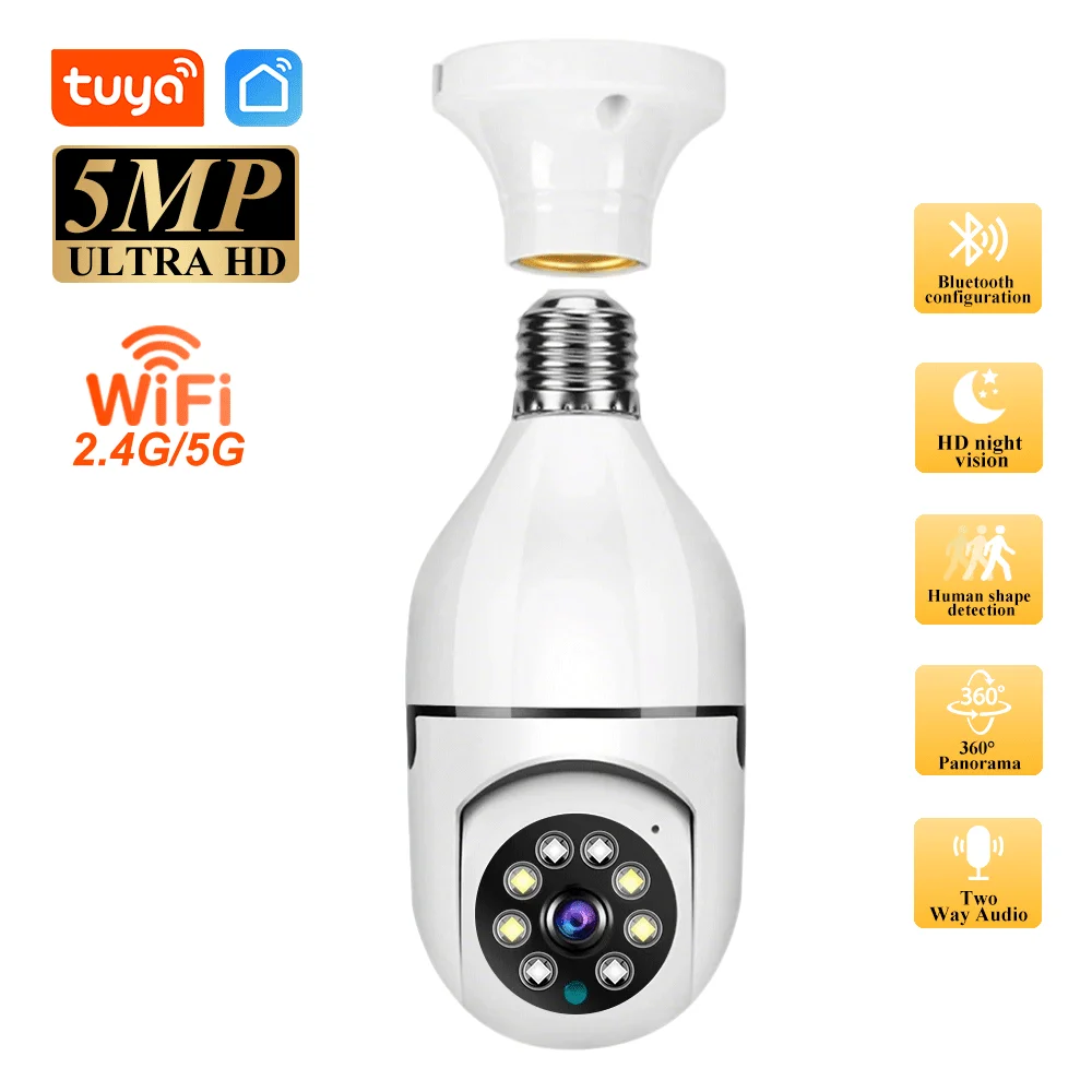 

Tuya WiFi 5G Dual-Band Bulb 5MP Camera Two Way Voice AI Human Detection Night Vision E27 Security Protection Surveilance Cam