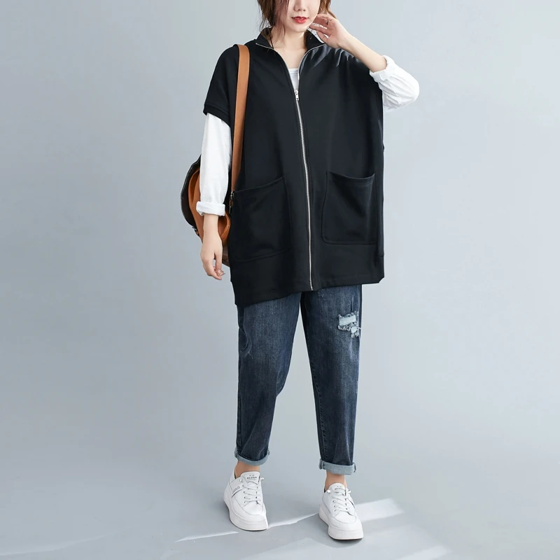 

Loose Women's Sweatirt Mid-Length Svel Vest Jaet Zipper f-High Collar Autumn Faion plus Size Cotton Blend