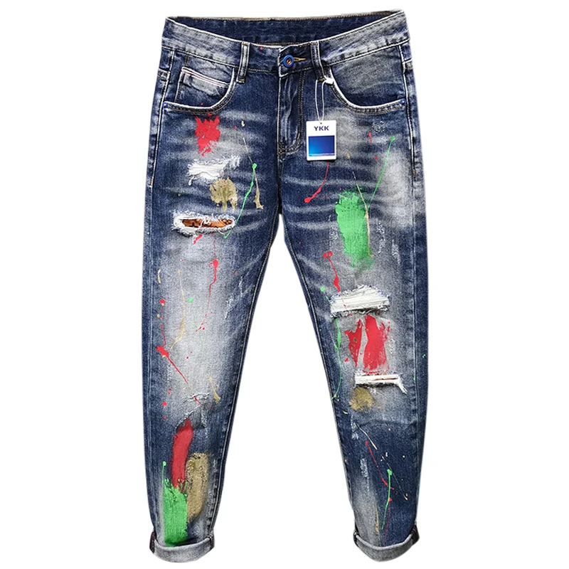 Men\'s Graffiti Jeans Fashion Spray Paint Ripped Hole Personality Hip-hop Streetwear Male Clothing Slim Youth Denim Trousers