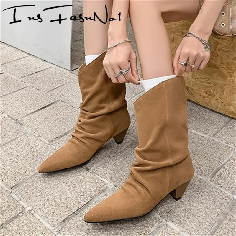 Fashion Designer Women Ankle Boots Luxury Pointed Toe Spike Heel Genuine Leather Knight Boots Mujer All Match Casual V-Cut Shoes