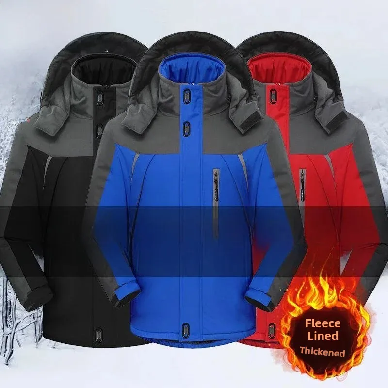Men's Winter Jacket Thickened Fleece Lined Cotton Workwear Coat Large Size Detachable Collar Commute Friendly Polyester Fiber