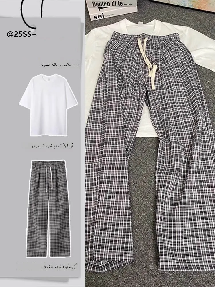 

American Retro Bla White Plaid Sports Pants Men Women Casual Straight Leg Couple's Loose Fit Summer Breathable Faion
