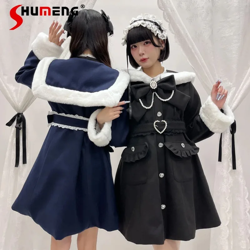 Autumn Winter New Y2k Single-breasted Woolen Coat Japanese Rojita Sweet Cute Medium And Long Coat Lace Edge Big Bow Plush Jacket