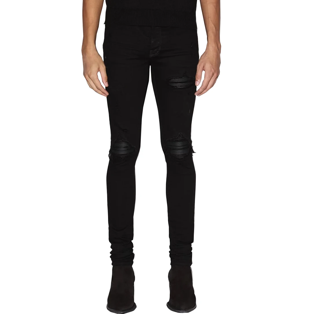 Men\'s Ripped Jeans Motorcycle High Street Leather Knee Skinny Destroyed Hole Jeans