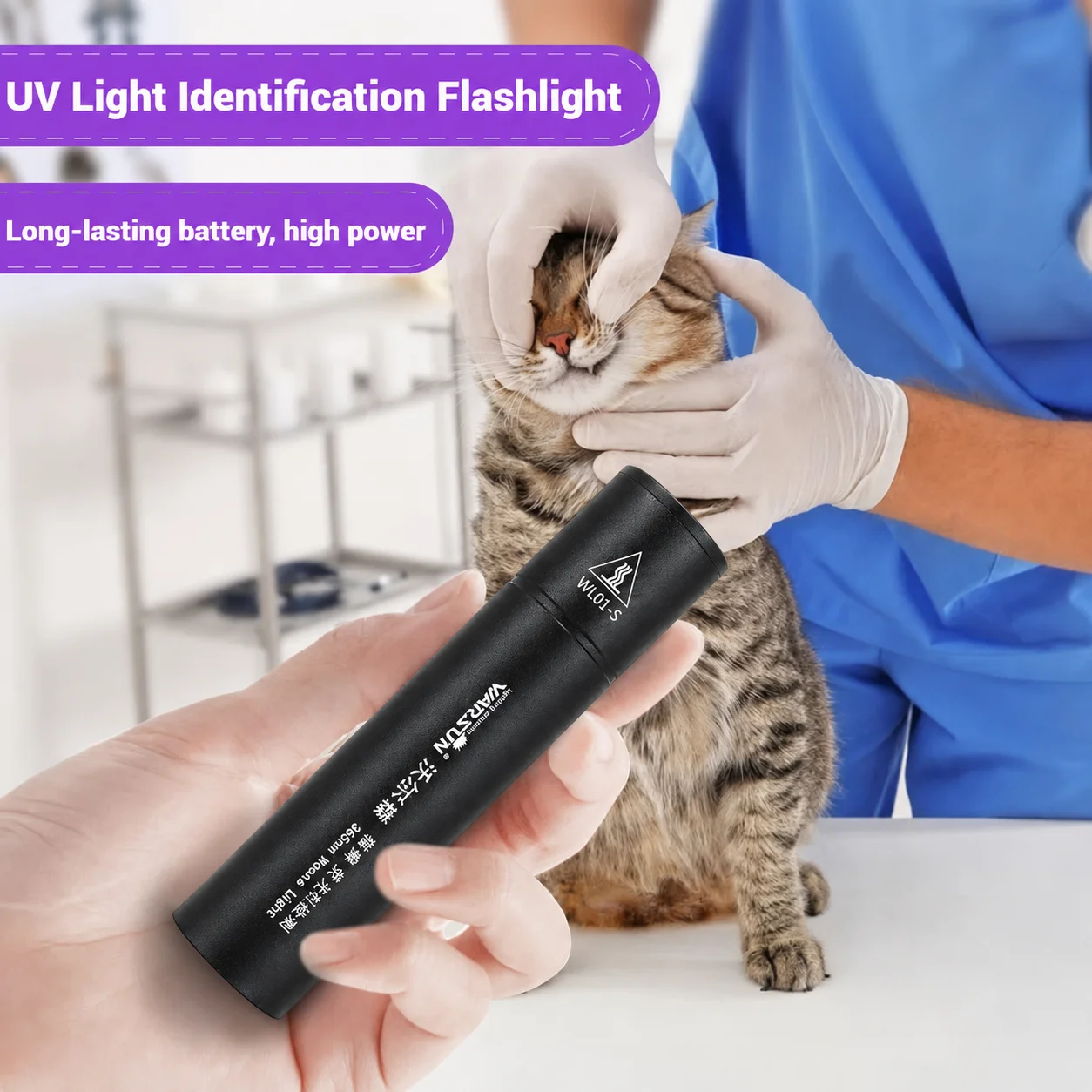 WARSUN WL01 365nm UV Flashlight, Rechargeable Wood’s Lamp for Cat Ringworm, Pet Skin Inspection and Urine Stain Detection, 280-M