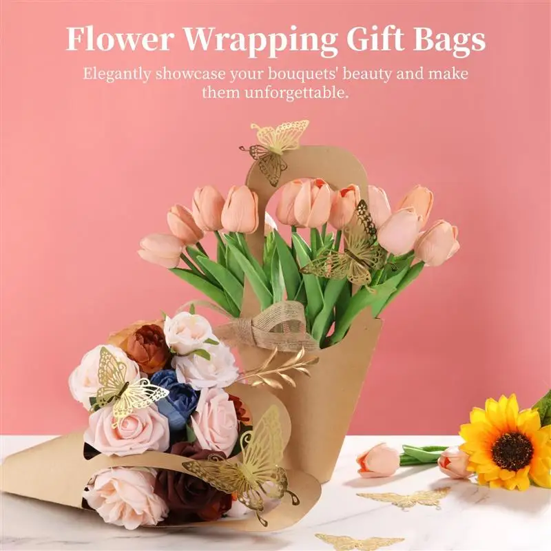 48Pcs Flower Gift Bags Kraft Paper Bouquet Bags With 3D Gold Butterfly Stickers Burlap Ribbon Wrapping Gift Bags With Handles