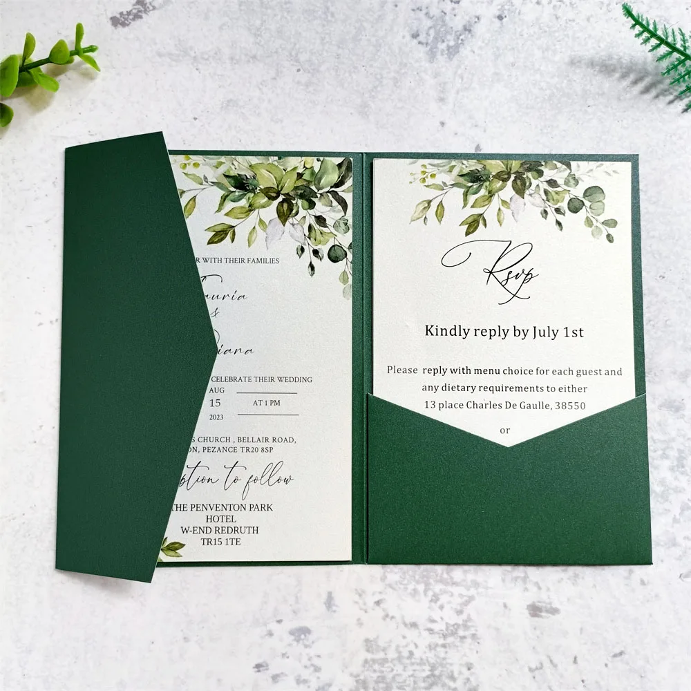 Green Wedding Invitations Pocket Envelopes, Quinceanera Sweet sixteen Customized Printing Invitation, 5x7 Inch, 50 Sets