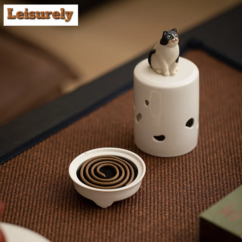 Retro Grass Wood Grey Incense Holder Creative Cat Ceramic Water Fountain Decoration Smell Distributor Tea Ceremony Decoration