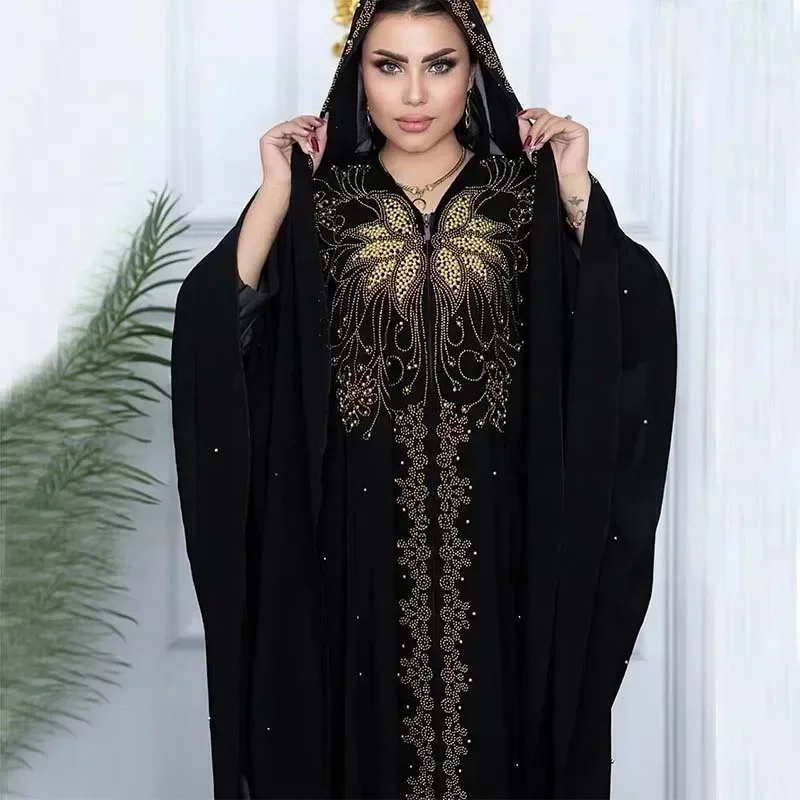 

Fashion Casual Muslim Dresses Kaftan Large Size Abayas for Women Dubai Hooded Long Dress Loose Batwing Sleeve Islamic Clothing