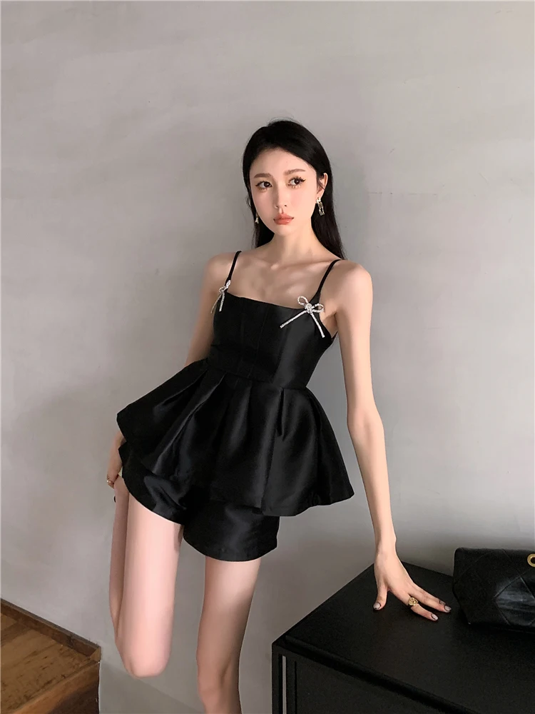 Women\'s Elegant Black Shorts Sets Vintage A-Line Shorts and Off Shoulder Crop Top Y2k Fashion Vintage 90s 2000s Gothic Clothes