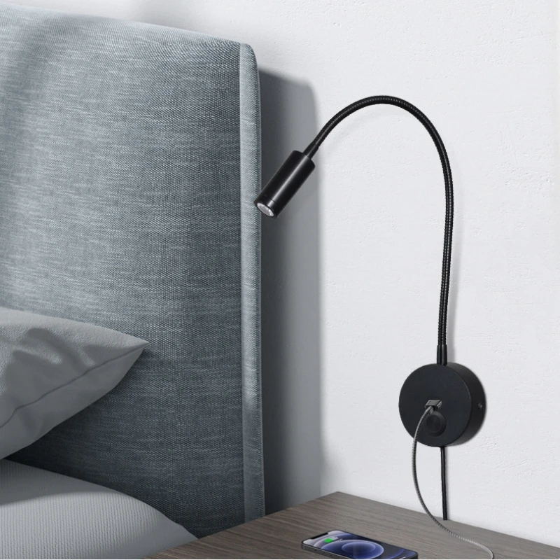 Dimmable LED Gooseneck Wall Lamp 3W Flexible Hose Reading Sconce Touch Switch Bedroom Bedside Wall Lights With USB Charging Port