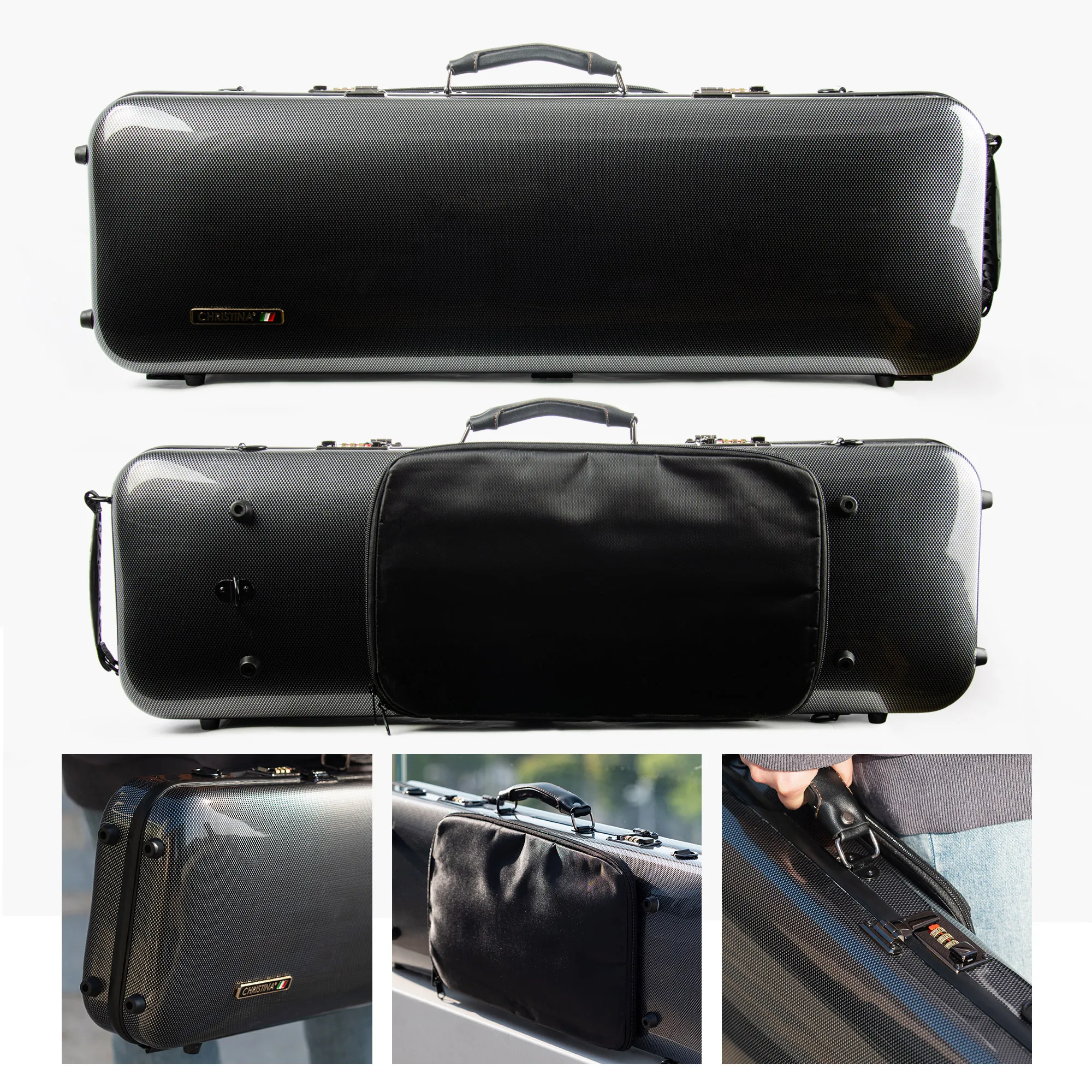 CHRISTINA Violin Case 4/4 Size Black Dots Rectangular Hybrid Carbon Fiber NEW Style with Password Lock Sheet Music Bag BV01BK