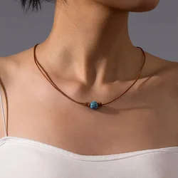 Fashionable retro turquoise round bead wax thread woven short women's necklace