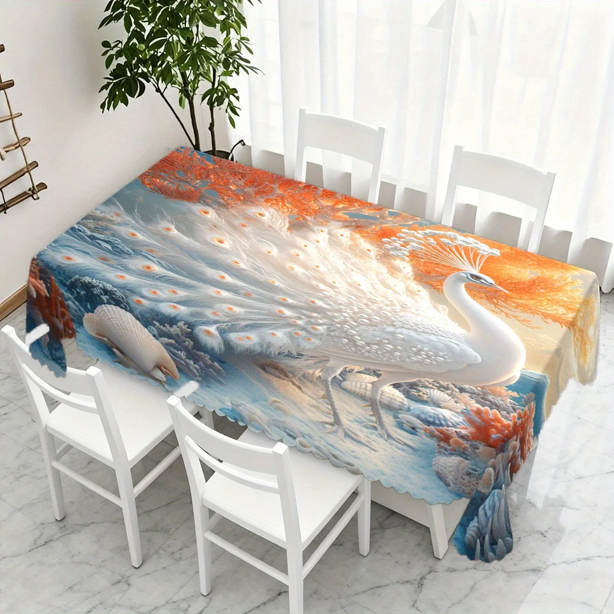 White Peacock Coral Seashell Tablecloth, Rectangular Washable Table Cover for Dining Room & Elegant Family Party Decoration