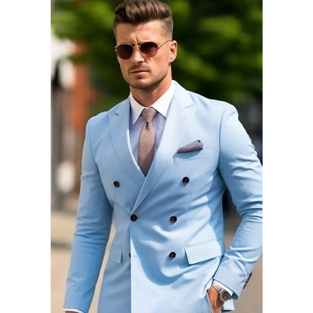 Sky Blue Men\'s Suits Double Breasted Notch Lapel 2 Piece Jacket Pants Costume Homme Formal Wedding Business Slim Fit Blazer Set